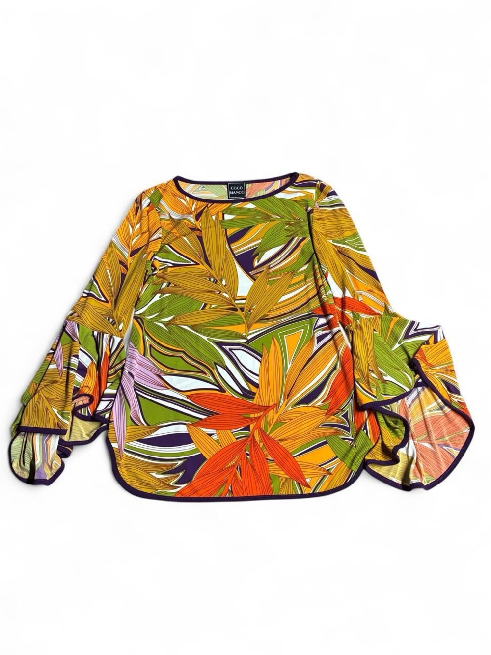 Coco Bianco Colorful Abstract Leaf Print Bell Sleeve Top | Women’s S